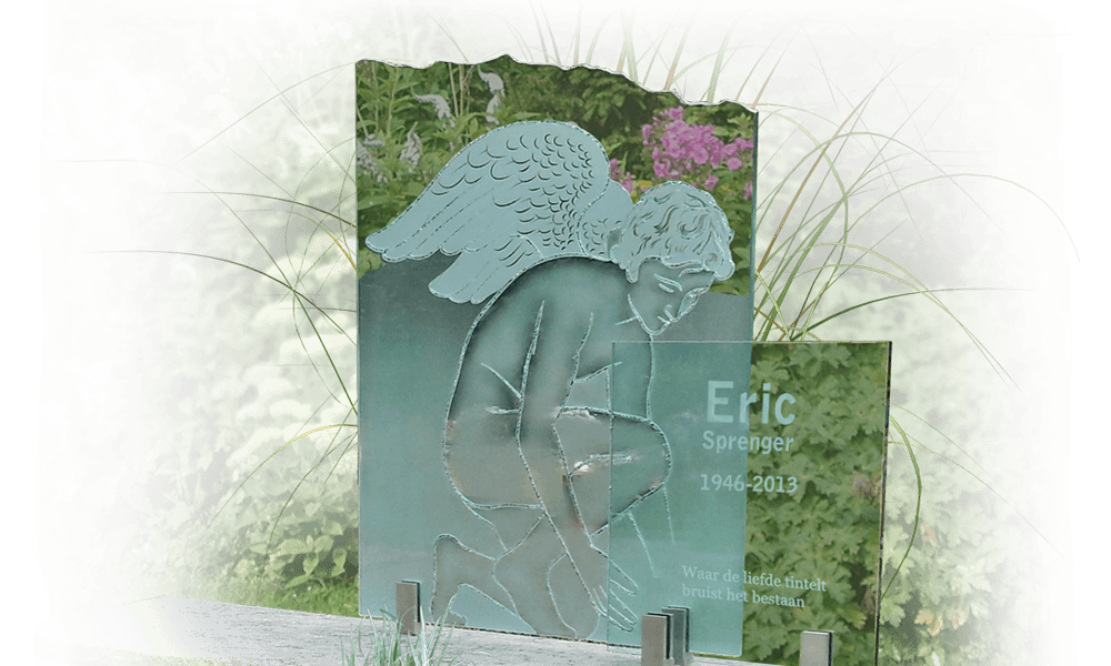 foto in glas op grafsteen engel van glas
