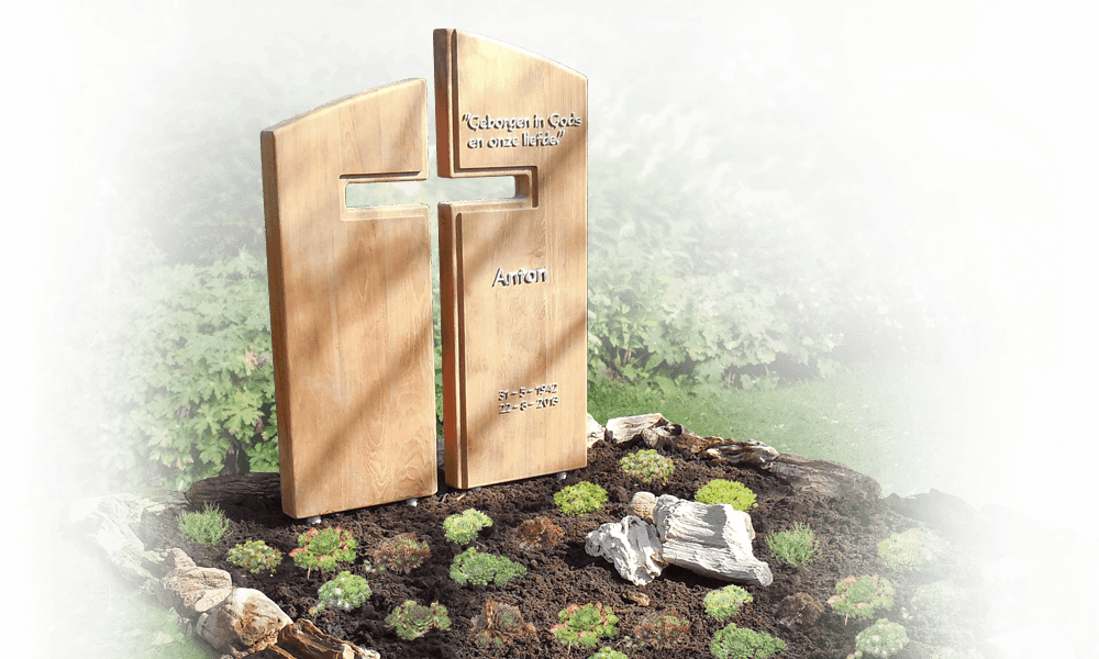 omranding grafsteen natuurlijk met teakhouten kruis