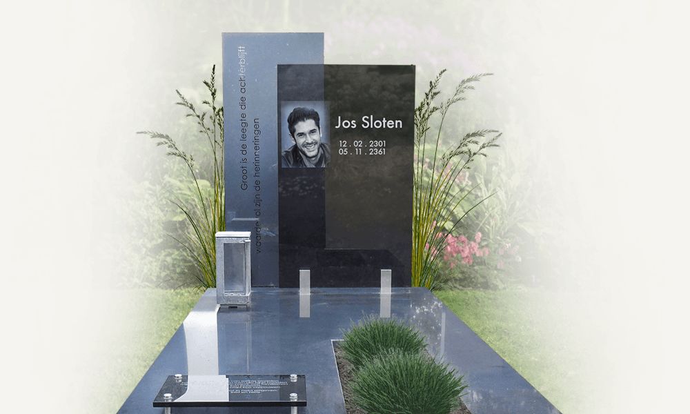 teksten grafsteen spreuk op glazen letterplaat combinatie met foto