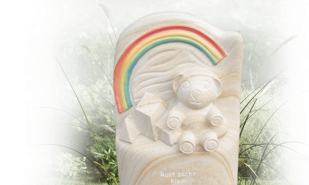 kindergraf beelden figuren knuffelbeer regenboog natuursteen