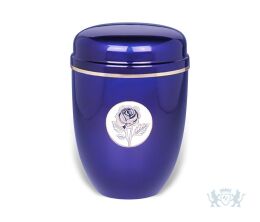 Aluminium urn donkerblauw met roos