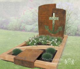 Grafsteen van cortenstaal en hout