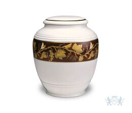 Porseleinen urn met bruine rand en gouden bladeren