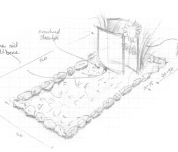 Schets grafsteen met keien en twee glasplaten