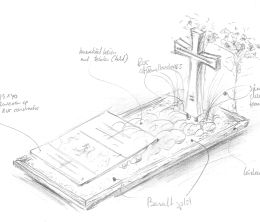 Schets grafmonument met houten kruis en een glasplaat