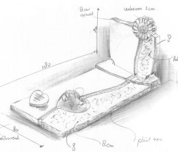Schets ruwe grafsteen met gehakte zonnebloem