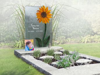 Glazen grafmonument met zonnebloem en foto