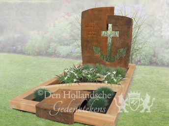 Grafsteen van cortenstaal en hout