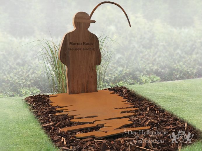 Grafsteen visser teakhout met cortenstaal foto 1