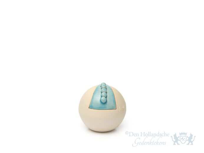 Keramische beige bolvormige urn met lichtblauw element | 0.1L foto 1