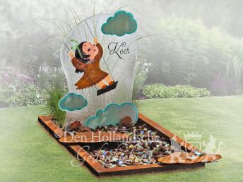 Kindermonument met tekening en wolkjes op glas