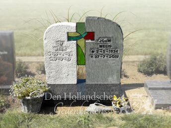 Kort grafmonument met glas in lood kruis