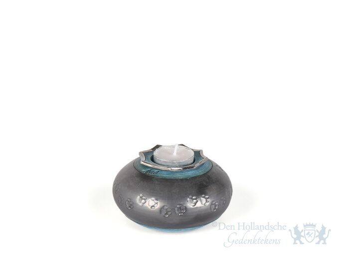 Ovale dierenurn van keramiek met kaarsenhouder blauw/grijs foto 1