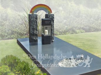 Modern grafmonument met grafkunst en regenboog