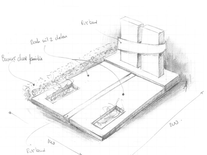 Schets dubbel graf met twee zuilen en RVS band foto 1