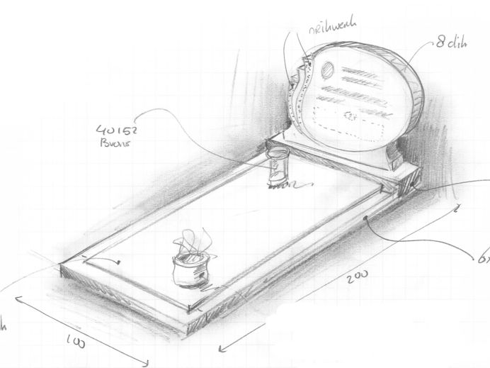 Schets grafsteen met lantaarn en vaas foto 1