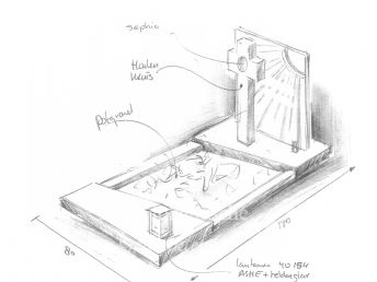 Schets monument met houten kruis en glasplaat