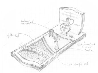 Schetsontwerp grafsteen met hart en lantaarn