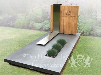 Teakhouten grafmonument met RVS band