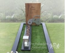 Teakhouten grafmonument met RVS-tractor foto 1