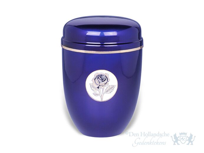 Aluminium urn donkerblauw met roos foto 1