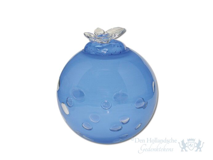 Blauwe glazen urn met vlinder foto 1