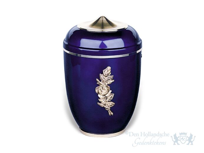 Donkerblauwe aluminium urn met bloem foto 1