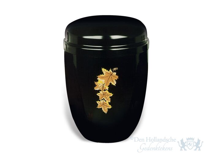 Donkere aluminium urn met gouden bladeren foto 1