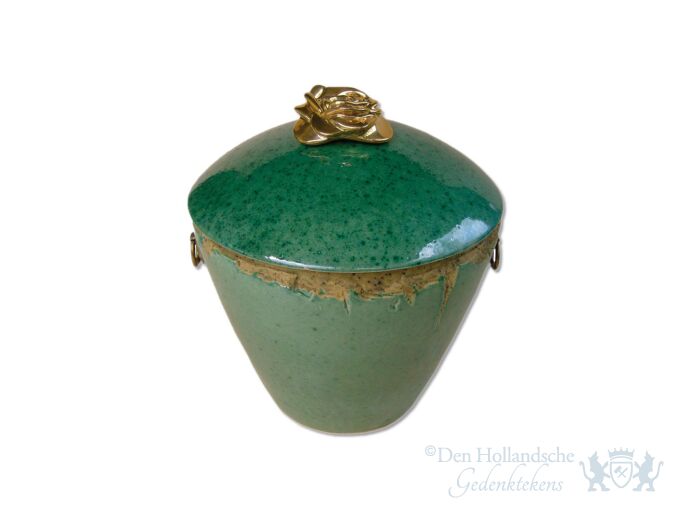 Groene keramische urn met roos foto 1