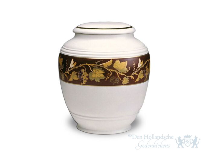 Porseleinen urn met bruine rand en gouden bladeren foto 1