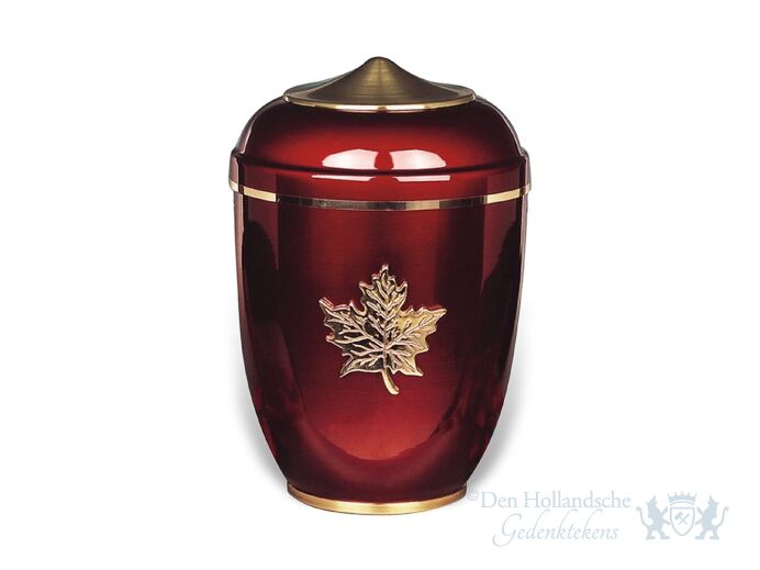 Rode aluminium urn met herfstblad foto 1