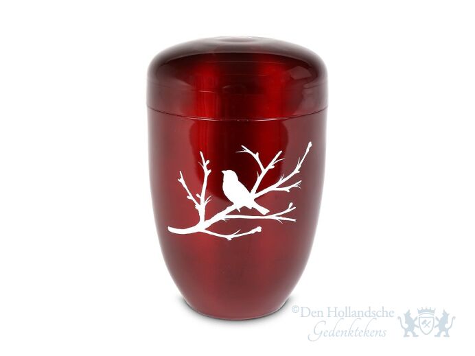 Rode aluminium urn met herfsttak foto 1