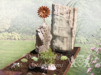 Versteend hout en cortenstalen grafmonument