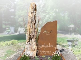 Versteend hout grafmonument opschrift in cortenstaal