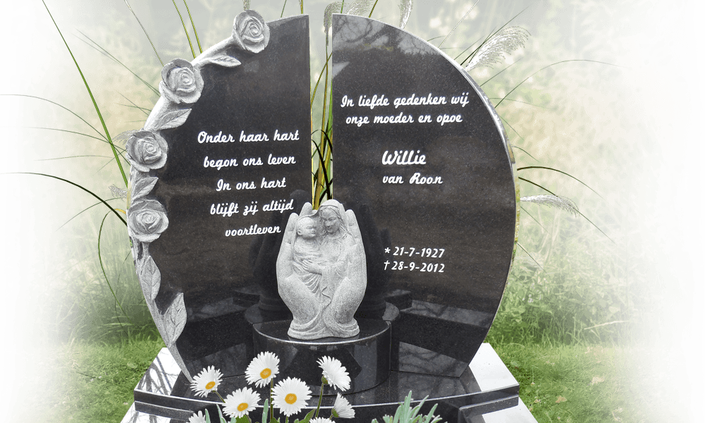 urnengraven met beelden engel kind natuursteen