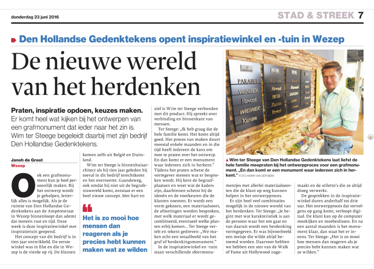 artikel in de Stentor over Den Hollandsche gedenktekens in Wezep