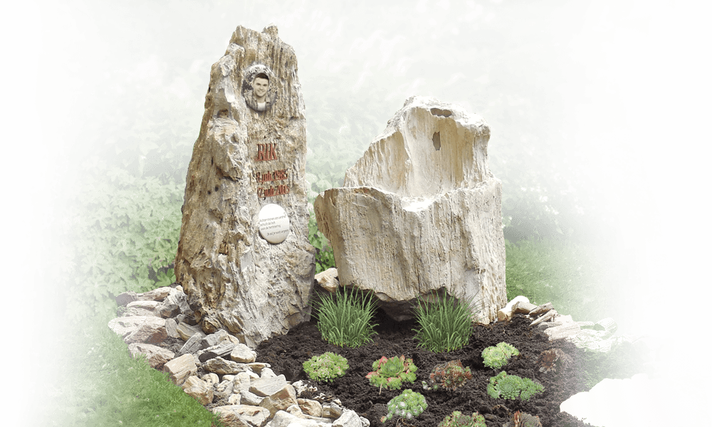 porseleinen foto op natuurlijk versteend hout grafmonument